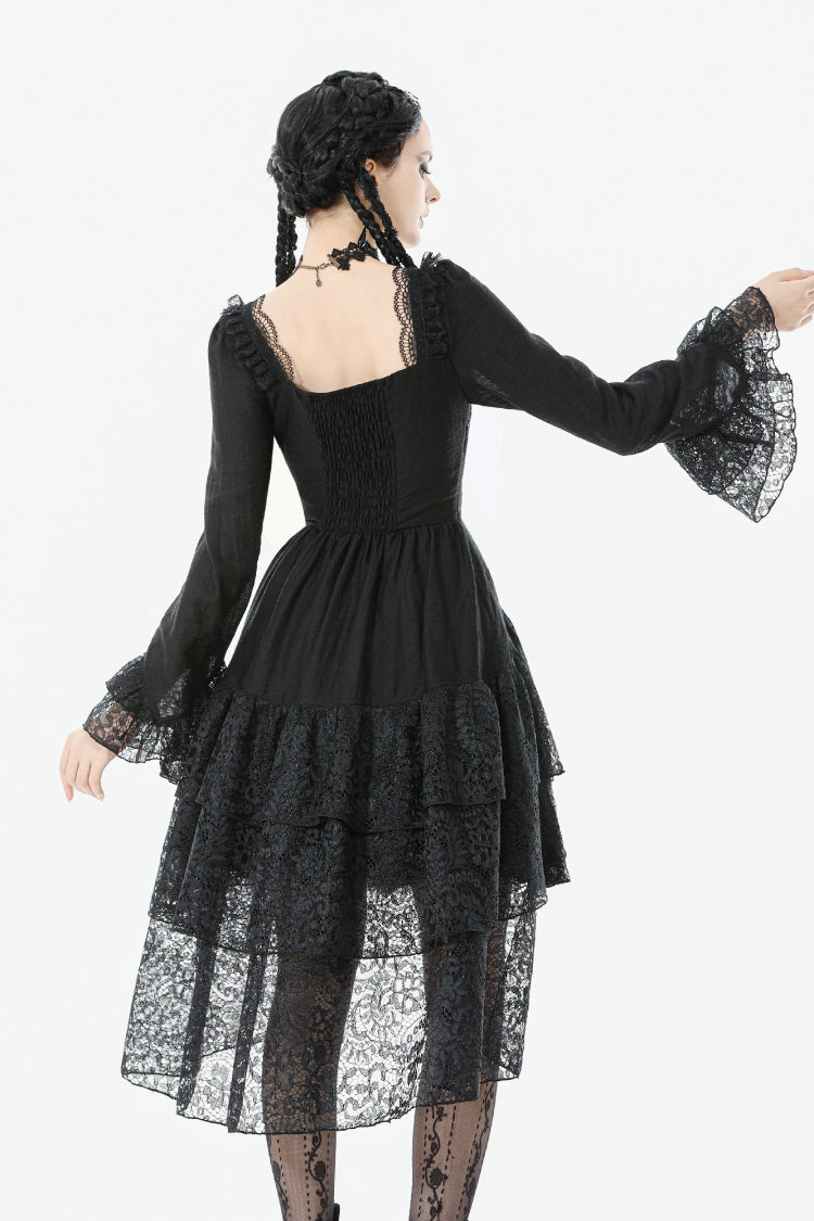 Black Square Collar Long Trumpet Sleeves Lace Lace-Up Multi-Layered High-Low Women's Gothic Dress - Product - 4