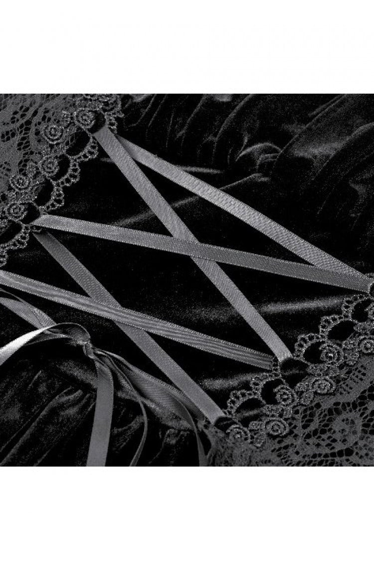 Black Square-Cut Collar Short Puff Sleeves Lace Patchwork Velvet Lace-Up Women's Gothic Vintage Dress - Product - 14