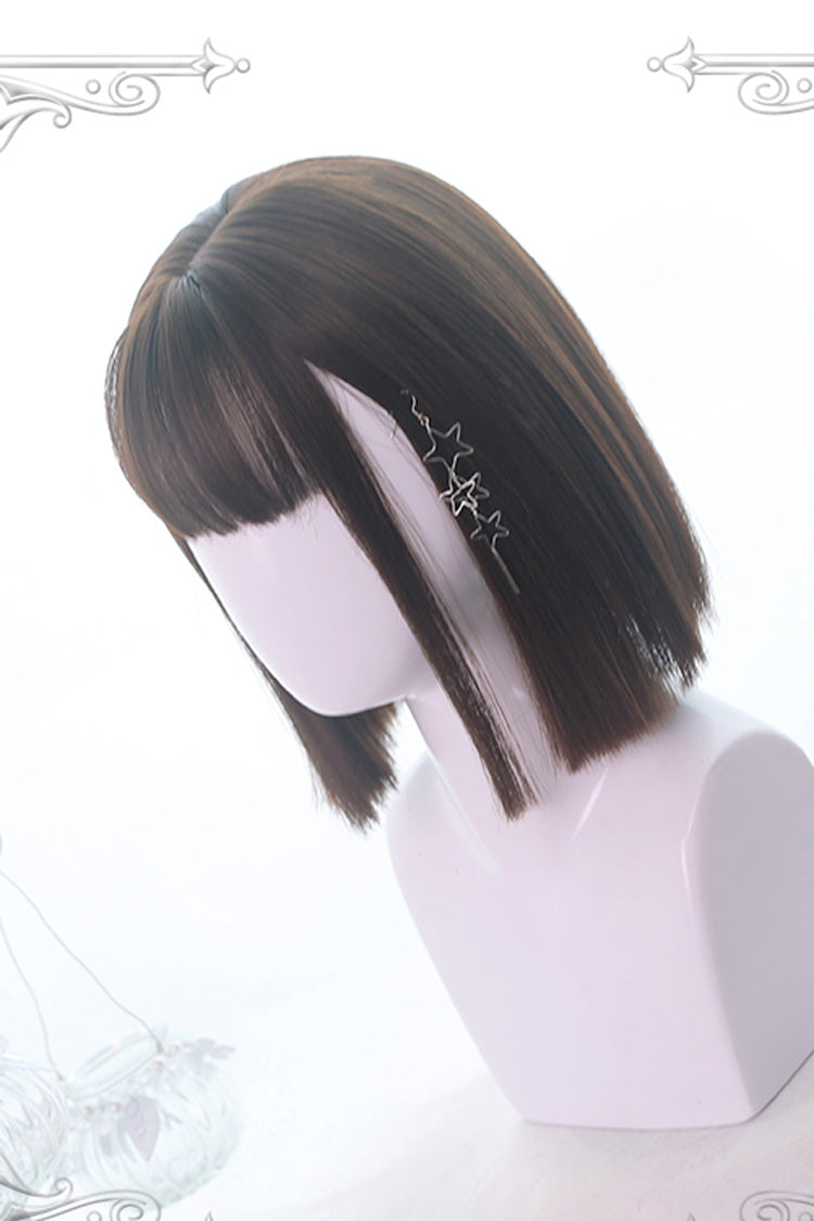Brown Air Bangs Medium Long Straight Hair Sweet Lolita Wig - Product - 2