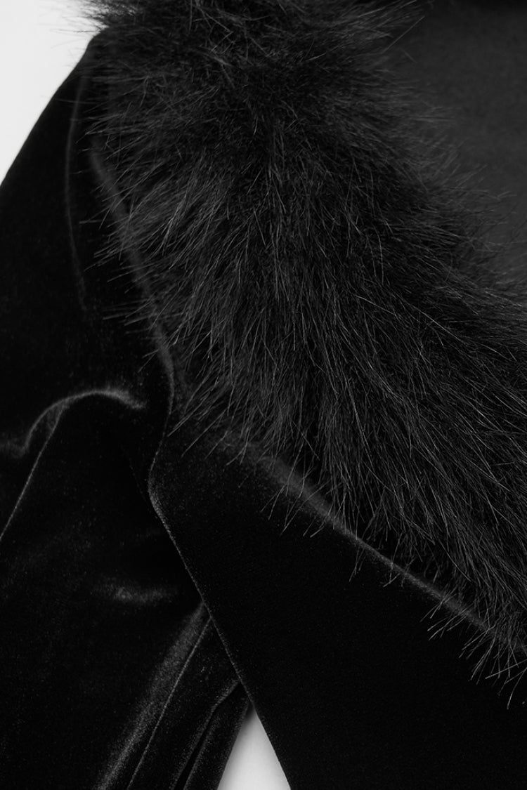 Black V Collar Long Sleeves Faux Fur Spliced Lace-Up Women's Gothic Cardigan - Product - 5