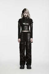 Black Stand Collar Long Sleeves Patchwork Slim Fit Zippered Women's Punk Cool Crop Top with Arm Zip Pocket - Product - 2