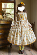 Apricot Gardening Sunflower Sleeveless Print Ruffle Bowknot Sweet Elegant (Dress Only) front view