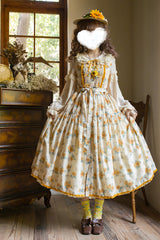 Apricot [Gardening Sunflower] Sleeveless Print Ruffle Bowknot Sweet Elegant Lolita Jsk Dress - Apricot - 1