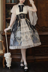 Multi-Color Cardigan Lace Ruffle Clock Butterfly Print Classic Lolita Skirt Set - Multi-Color - 1