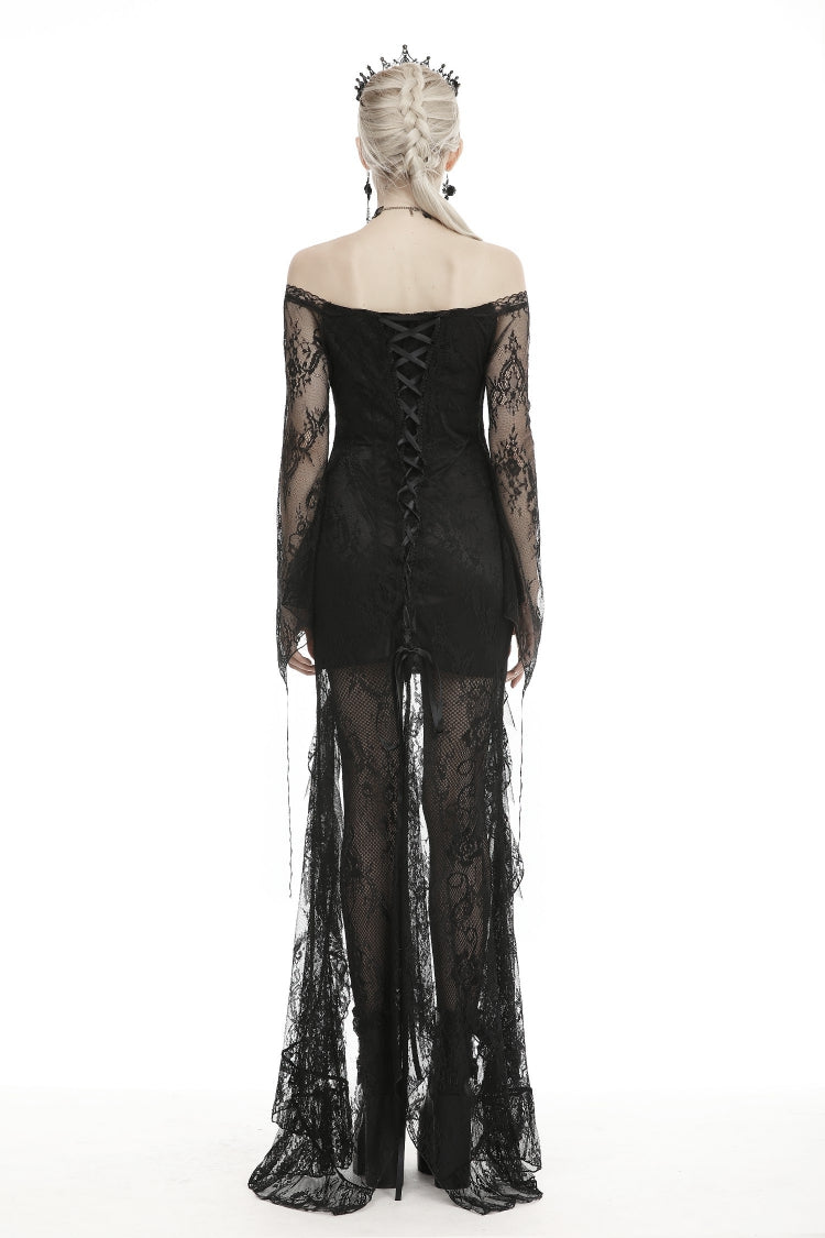 Black Off Shoulder Long Sleeves Lace Lace-Up Women's Gothic Mermaid Wedding Dress - Product - 4