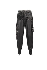 Black Tie Dyed Splice Hand Painted Waist Drawstring Men's Gothic Pants - Product - 6