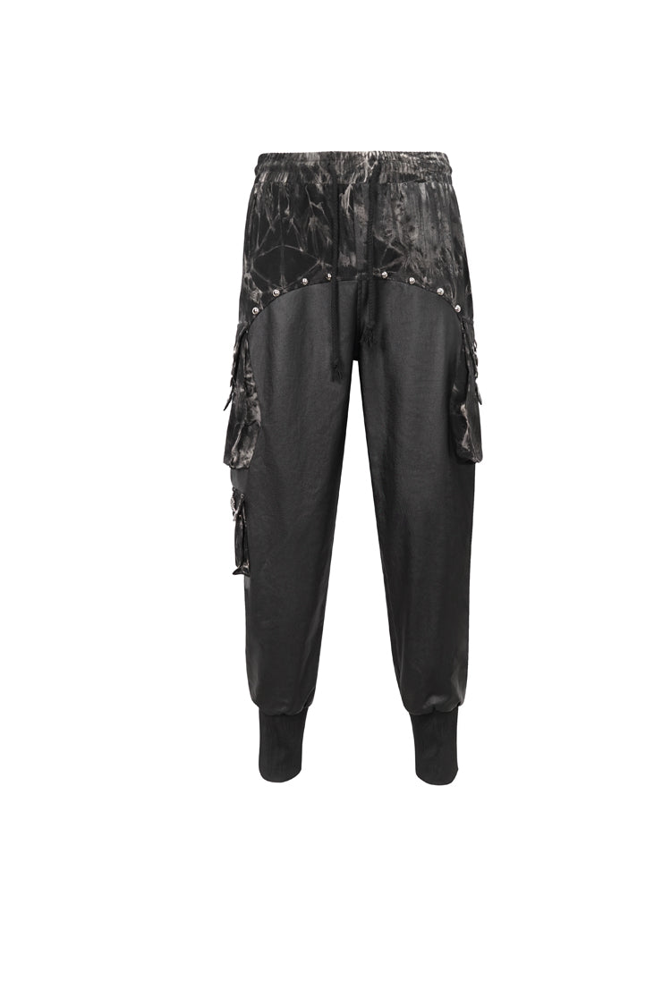 Black Tie Dyed Splice Hand Painted Waist Drawstring Men's Gothic Pants - Product - 6