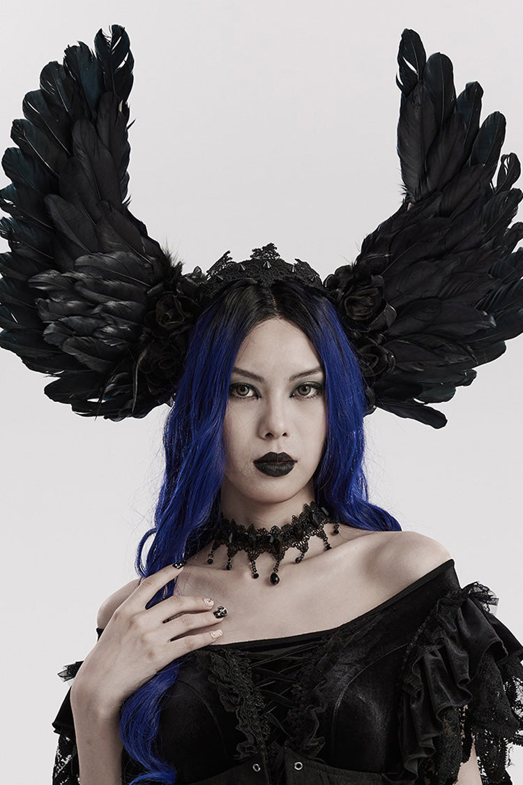 Black Lace Faux Feather Wing Women's Gothic Headwear - Product - 2