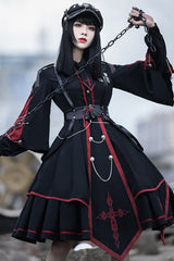 Black/Red Long Sleeves Punisher Military Irregular Gothic Lolita Dress Full Set - Product - 4