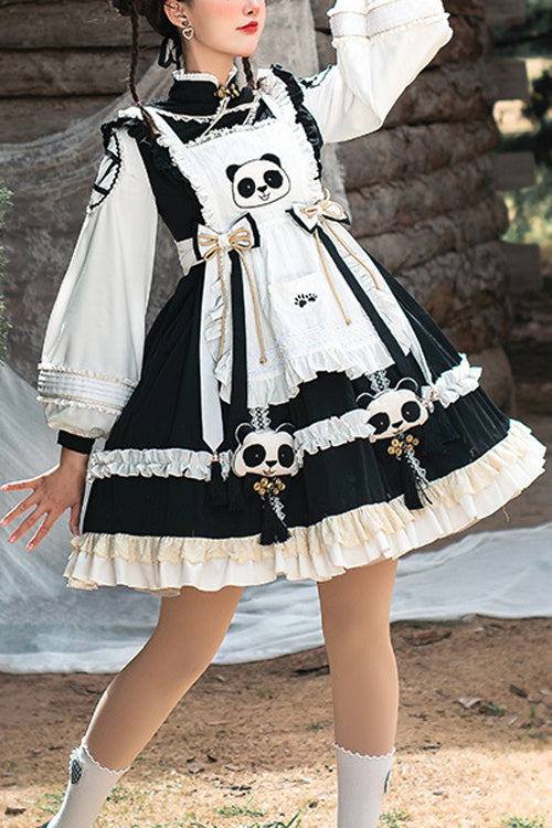 Black/White High Neck Lantern Sleeves Multi-Layer Ruffled Panda Bun Shop Sweet Lolita Op Dress - Black/White - 1