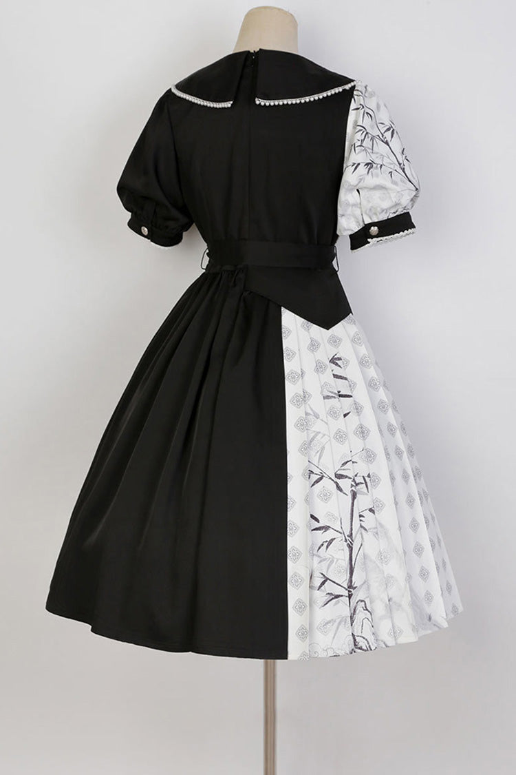 Black/White Stitching Chinese Style Bamboo Print High Waisted Sweet Lolita Dress - Product - 8