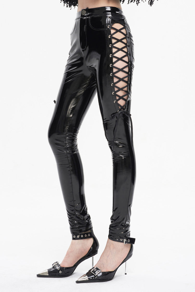 Black Patent Leather Side Cutout Lace Up Women's Punk Pants - Product - 4