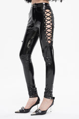 Black Patent Leather Side Cutout Lace Up Women's Punk Pants - Product - 4