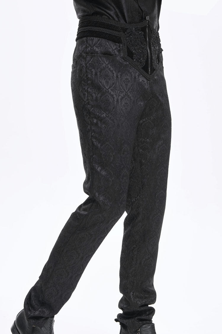 Black Floral Print Embroidery Branded Zip Men's Gothic Pants - Product - 8