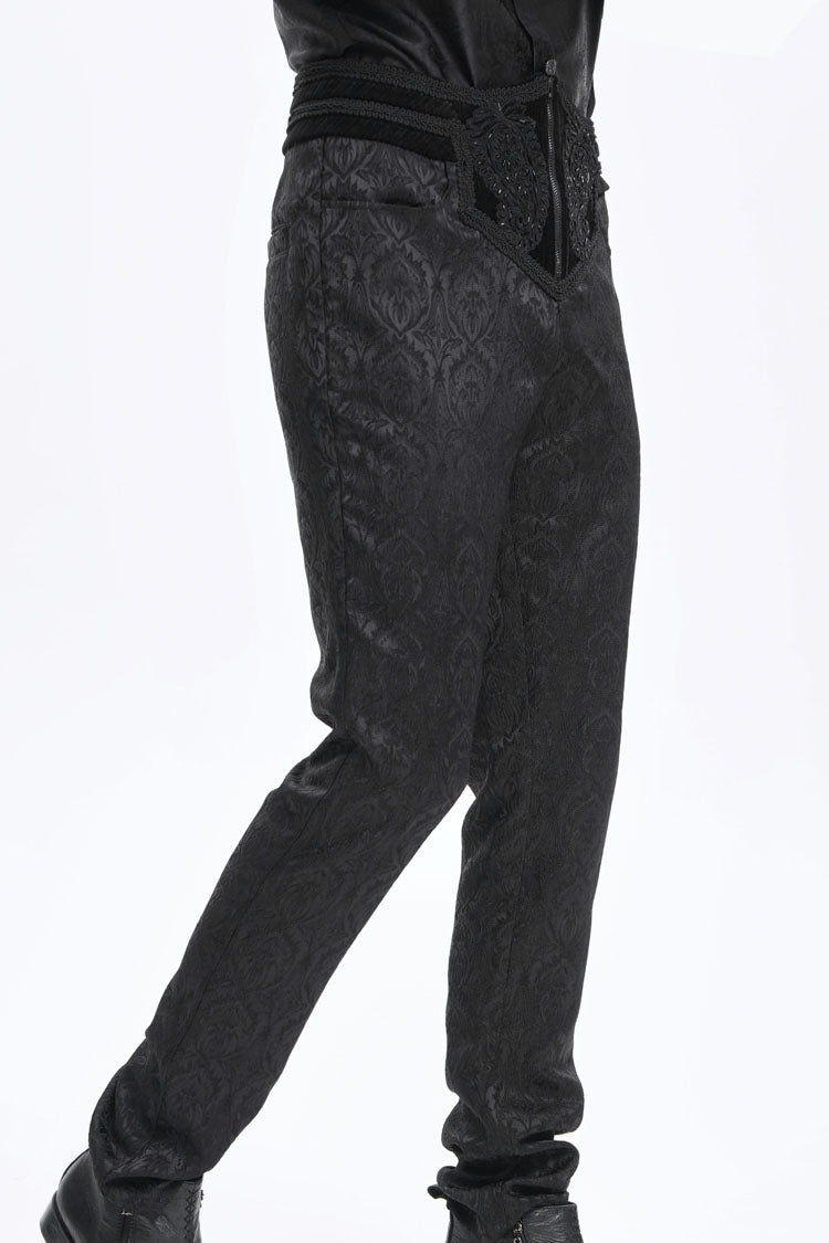Black Floral Print Embroidery Branded Zip Men's Gothic Pants - Product - 8