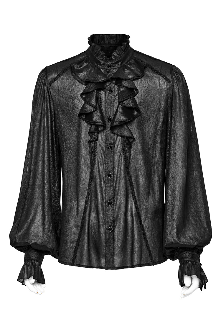 Black Stand Collar Jacquard Ruffle Men's Gothic Blouse - Product - 7