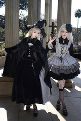 Black/Grey Witch Long Sleeves Gradient Multi-Layered Ruffle Bowknot Lace Gothic Chinese Style Lolita Dress - Product - 8