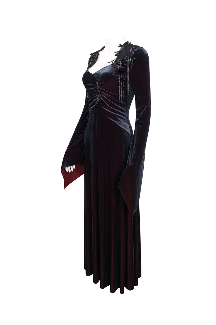 Black/Red Embroidered Fringe Flared Sleeve Long Women's Gothic Dress - Product - 6