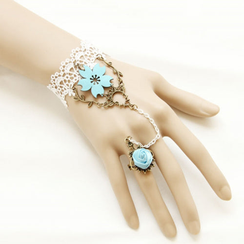 White Vintage Lace Blue Rose Gothic Lolita Ring Bracelet - Product - 1