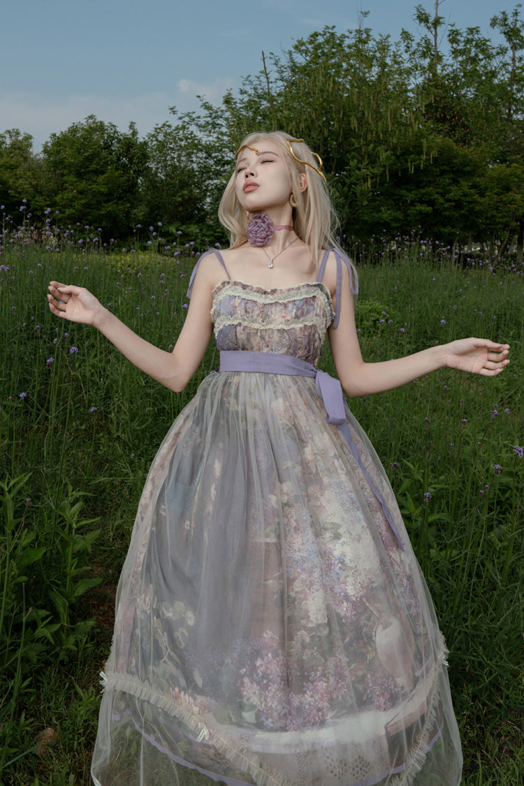 Purple [Oil Painting – In the Shade of Blossoming Trees] Sleeveless Print Ruffle Bowknot Lace Sweet Lolita Jsk Dress - Product - 7