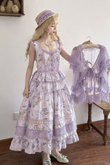 Purple [Pea Squirrel] Sleeveless Multi-Layered Pastoral Print Ruffle Embroidery Lace Sweet Elegant Lolita Jsk Dress - Product - 6