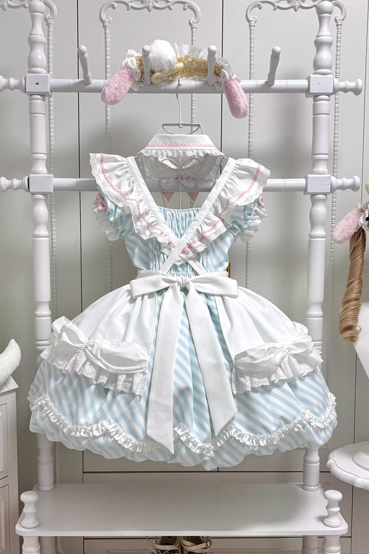 [Puppy Pastry Chef] Lapel Collar Printed Ruffled Embroidered Bow Lace Asymmetric Sweet Lolita Dress 3 Colors (Yellow, Blue, Pink) - Product - 3