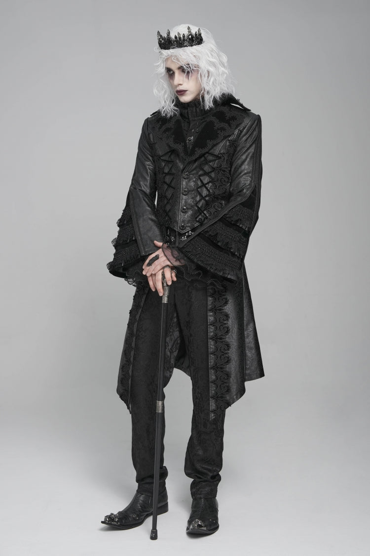 Black Long Trumpet Sleeves Floral Crochet Embroidery Lace-Up Men's Gothic Coat - Product - 6
