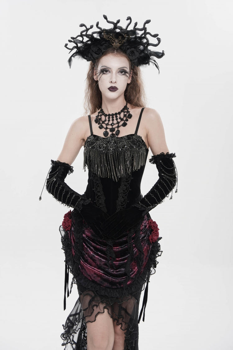 Black Lace-Up Women's Gothic Embroidered Tassels  Overbust Corset - Product - 9