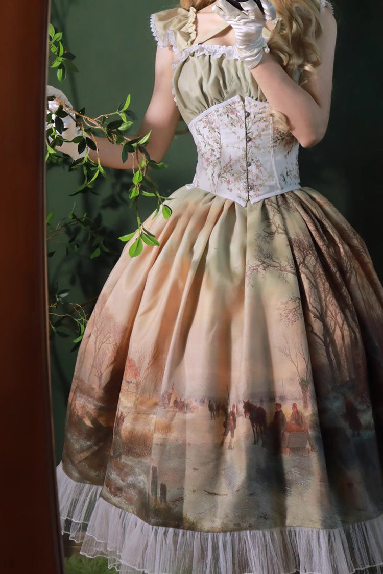 Village Print Ruffle Lace Off Shoulder Elegant Princess Sweet Lolita Jsk Dress 2 Colors - Product - 6