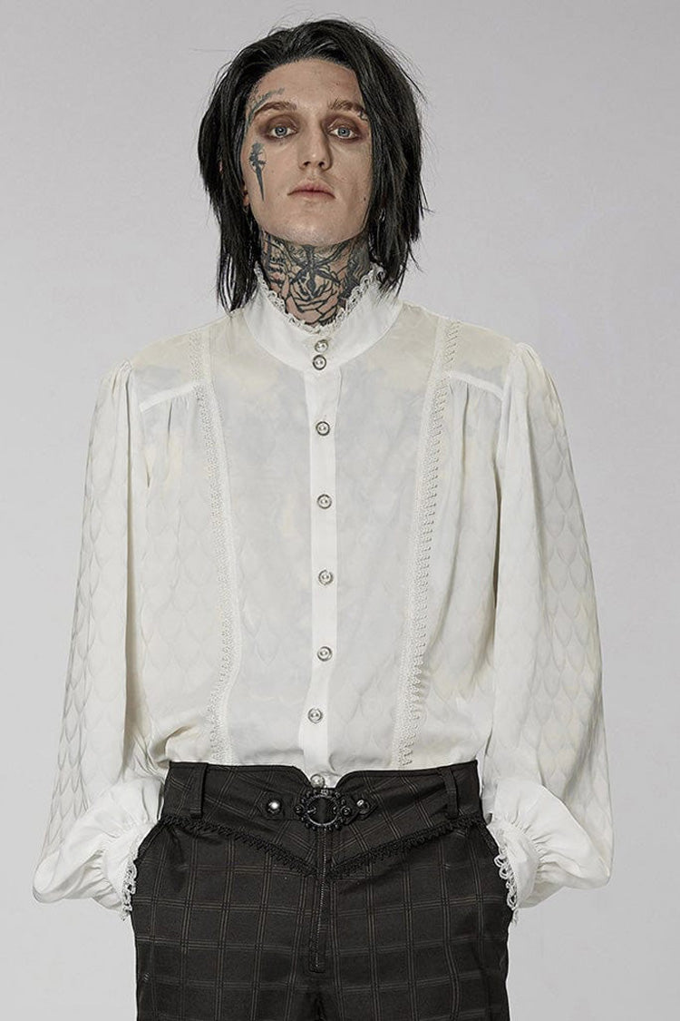 White Punk Turtleneck Dragon Scale Jacquard Long Lantern Sleeves Lace Edge Men's Shirt - Product - 2