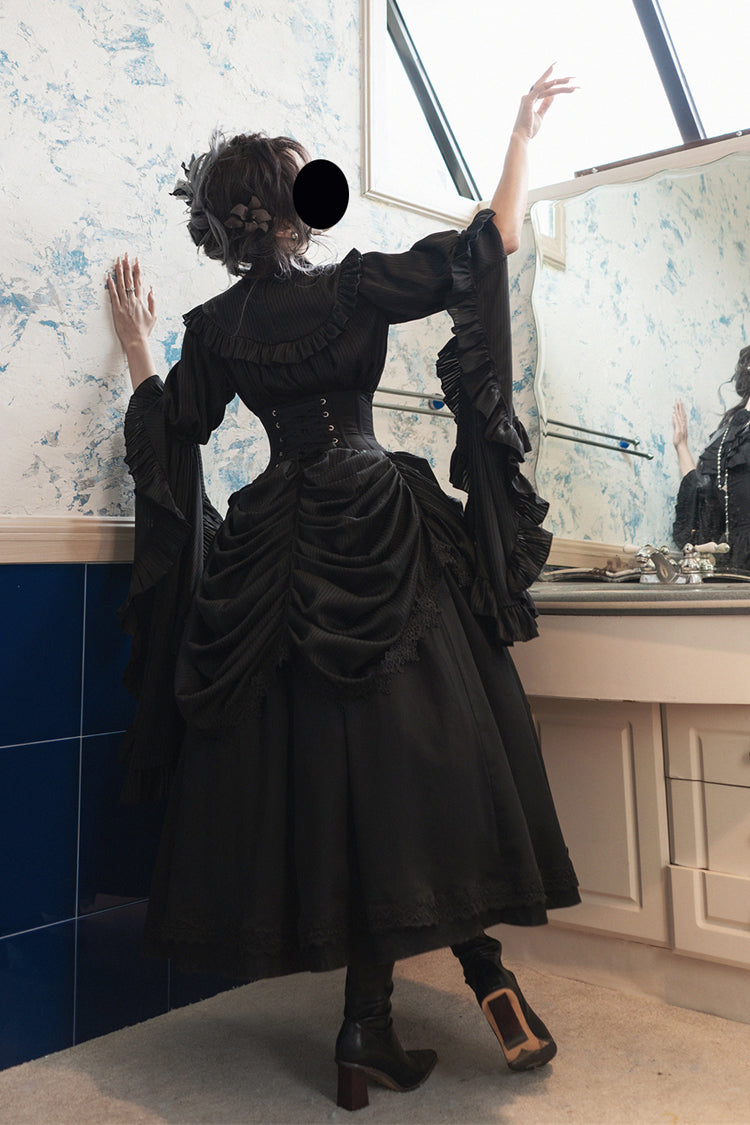 Black [Sleepwalking] Long Hime Sleeves Stitching Lace Plus Size Gothic Elegant Lolita Skirt Set - Product - 10