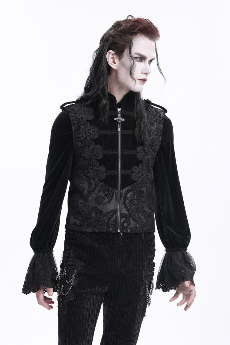 Black Stand Collar Sleeveless Floral Crochet Zipper Men's Gothic Vest - Product - 8