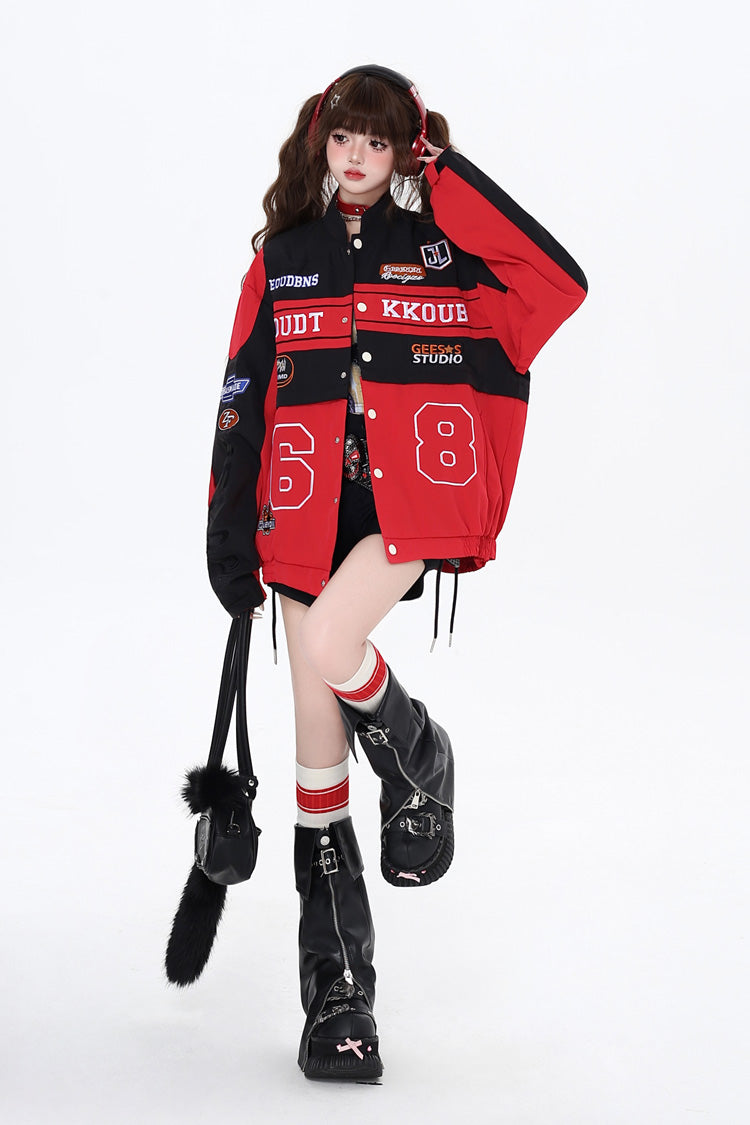 [Biker Girl] Long Sleeves Print Embroidery Zipper Detachable Jirai Kei Coat 3 Colors - Product - 2