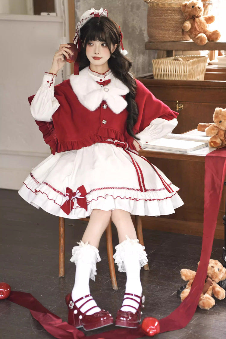 Red/White [Red Vow] Stand Collar Long Sleeves Multi-Layered Ruffled Bow Sweet Lolita Dress - Product - 5