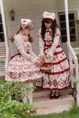 Red/Beige Triple-Layered [Apple Orchard] Print Ruffle Embroidery Sweet Lolita Long Skirt - Product - 7