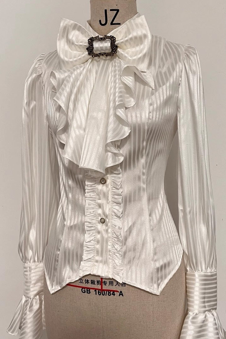Moonstone Lapel Collar Long Sleeves Vertical Striped Print Ruffle Ouji Gothic Prince Lolita Blouse 3 Colors - White - 2
