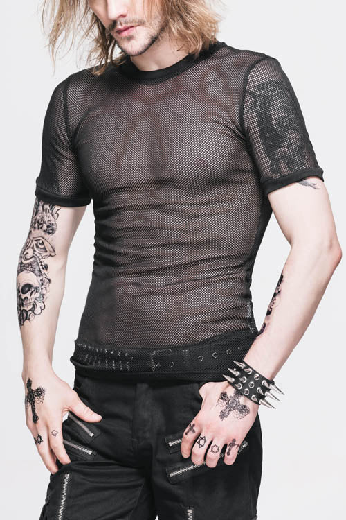 ブラック ダイヤモンド シェイプ メッシュ ラウンドネック 半袖 パンク メンズ トップス Tシャツ 商品画像