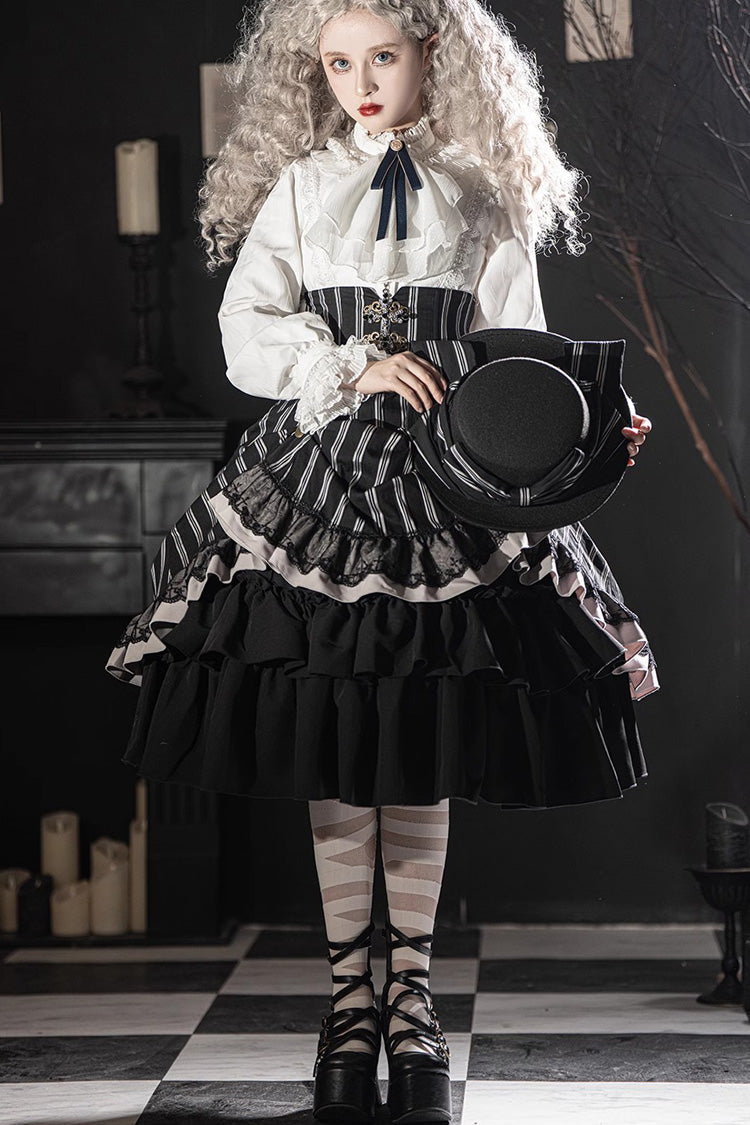 Black Point Manor Multi-layer Striped Print Ruffle Gothic Lolita Skirt - Product - 2