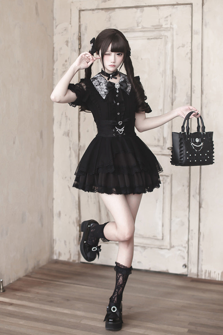 Black [Dreamy Love Ballad] Lapel Collar Short Sleeves Double-Layered Ruffled Cut-Out Bow Gothic Japanese Jirai Kei Skirt Set - Black(Set) - 1