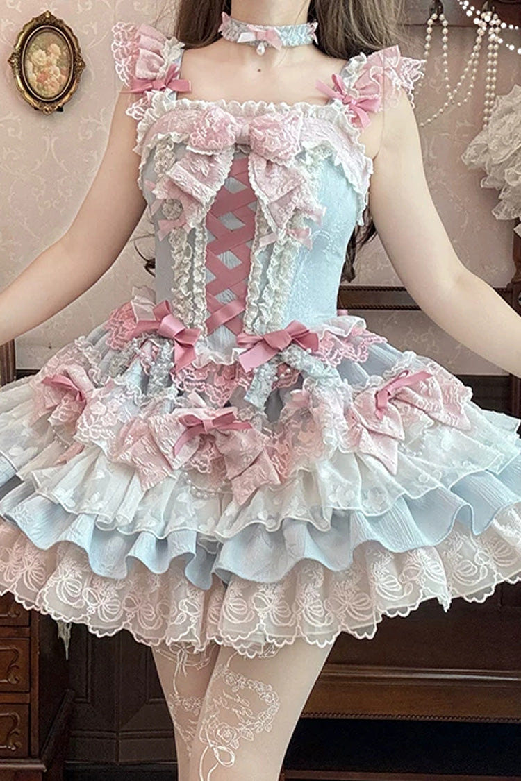 Blue/Pink [Honey Sweet Tart] Square Collar Sleeveless Multi-Layered Jacquard Ruffled Bow Lace Lace-Up Lolita Jsk Dress - Product - 13