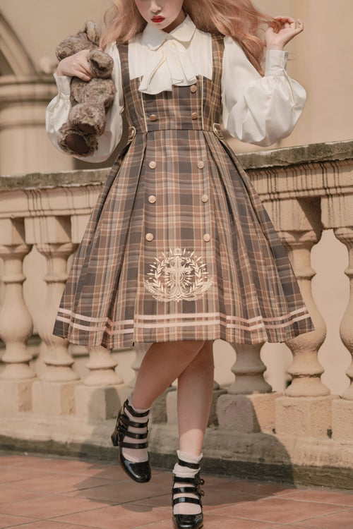 Detective Girl Lapel Collar Double Breasted Embroidery Fake Two Pieces Plaid Sweet Lolita OP Dress - Brown - 1