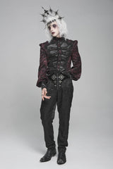 Black/Red Stand Collar Long Lantern Sleeves Floral Print Embroidery Men's Gothic Blouse - Product - 13