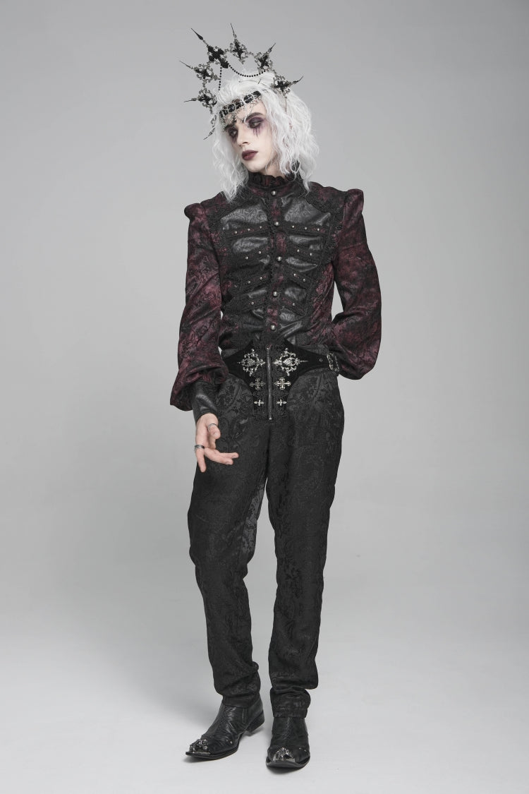 Black/Red Stand Collar Long Lantern Sleeves Floral Print Embroidery Men's Gothic Blouse - Product - 13