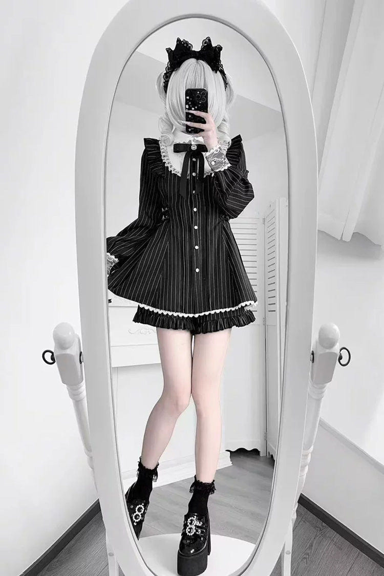 Black Doll Collar Long Sleeves Vertical Striped Printed Ruffled Bow Classic Lolita Dress - Product - 5