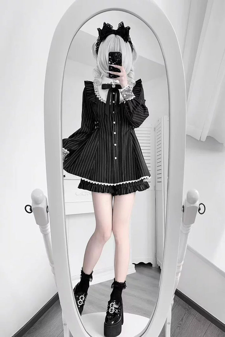 Black Doll Collar Long Sleeves Vertical Striped Printed Ruffled Bow Classic Lolita Dress - Product - 5