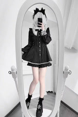 Black Doll Collar Long Sleeves Vertical Striped Printed Ruffled Bow Classic Lolita Dress - Product - 5