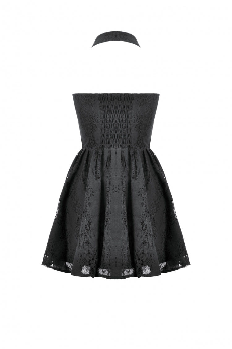 Black Off Shoulder Halterneck Sleeveless Lace Women's Gothic Short Dress - Product - 13