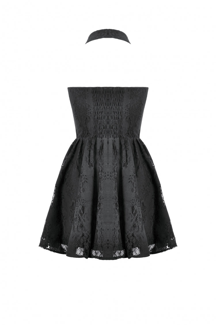 Black Off Shoulder Halterneck Sleeveless Lace Women's Gothic Short Dress - Product - 13
