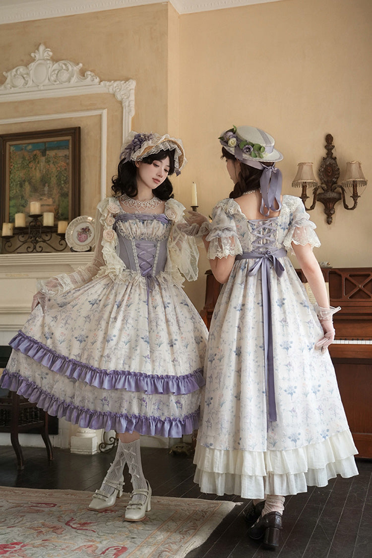 Purple/Ivory [Iris Secrets] Short Sleeves Double-Layered Print Ruffle Bowknot Lace-Up Sweet Lolita Dress - Product - 9