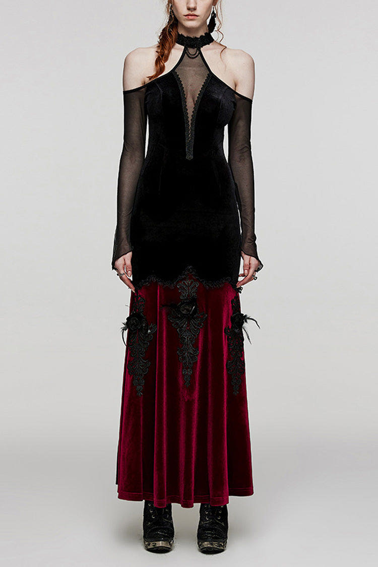 V Collar Off Shoulder Hollow Stitching Mesh Women's Gothic Dress 2 Colors - Black/Red - 1
